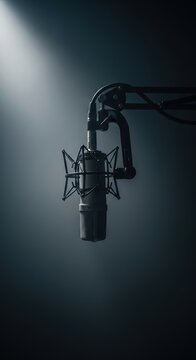 Condenser microphone suspended in spotlighted recording studio