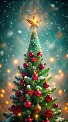 Naklejka premium A photo of a festive red and green Christmas tree adorned with twinkling lights, snowflakes gently falling from the sky above, and an angel on top of
