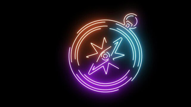 Neon compass with directional star and circular path on black background navigation travel
