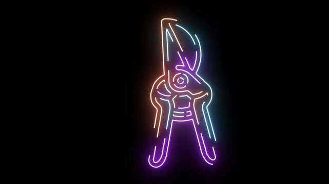 Neon outline of pruning shears with colorful glowing lights on black garden tool gardening