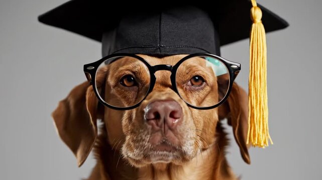 Smart brown dog in graduation cap and glasses, close-up studio portrait. Intelligent pet with academic attire.