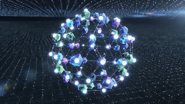 Futuristic Glowing Network Sphere with Dynamic Particle Lights.