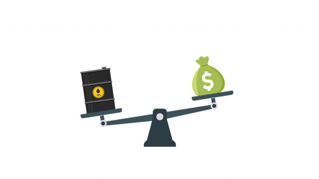 Animated balance scale with oil outweighing money, symbolizing inflation and rising energy costs