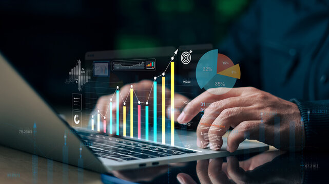 Financial data analysis on laptop with digital charts, KPI metrics, and dashboard interface showing business growth, strategy planning, and performance tracking.