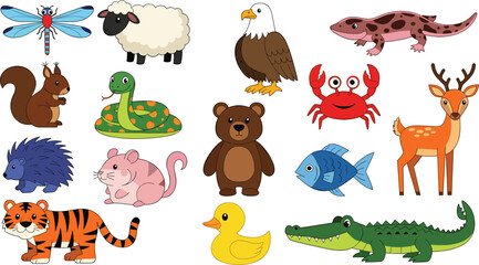 Naklejka premium Collection of wild animal vector illustrations including tiger bear deer crocodile eagle snake fish and cute cartoon wildlife set