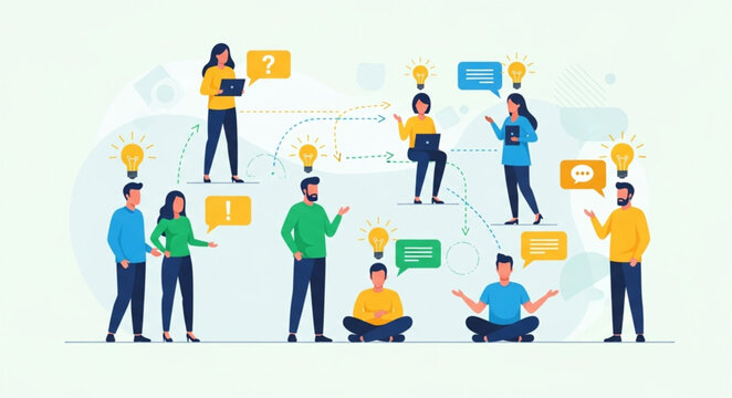 Collaborative brainstorming session with diverse team members sharing ideas.