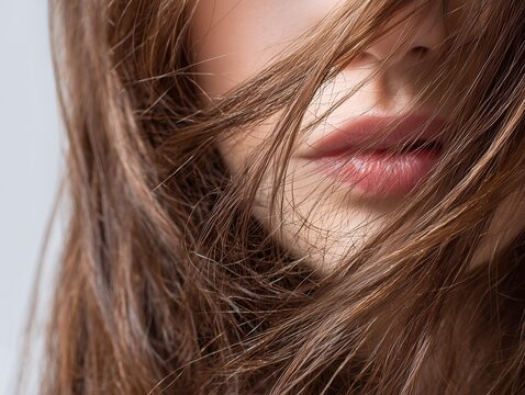 乱れた茶髪の間から覗く艶やかな唇と整った鼻筋が印象的な女性のクローズアップ写真