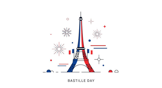 Illustration of the Eiffel Tower with red, white, and blue stripes on Bastille Day, surrounded by festive fireworks and stars on a white background with a Parisian siluet.