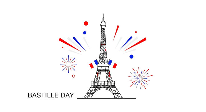 Illustration of the Eiffel Tower with fireworks on Bastille Day, celebrating 14 Juli Prancis in Paris with a vibrant display of red, white, and blue colors.