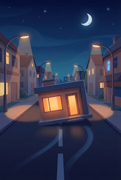 Lost Home Concept Illustration, Tilted House in Quiet Suburban Street at Night, Metaphor for Life Crisis and Instability, Minimalist Digital Painting