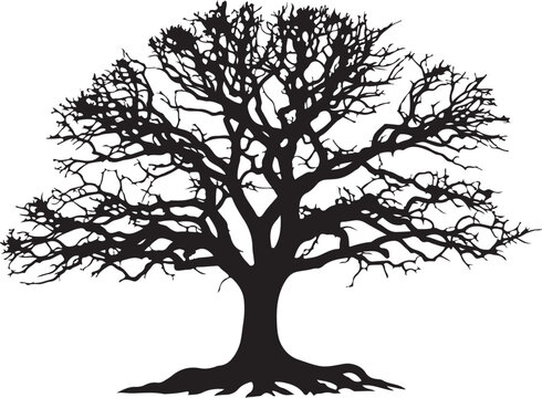 Bare tree silhouette, black tree icon, leafless tree vector, tree silhouette