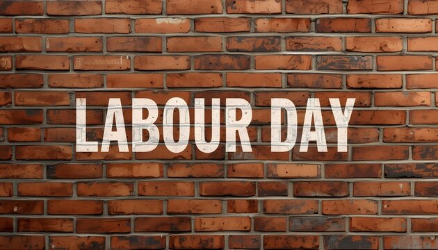 A red brick wall with the words Labour Day painted on it in white letters.