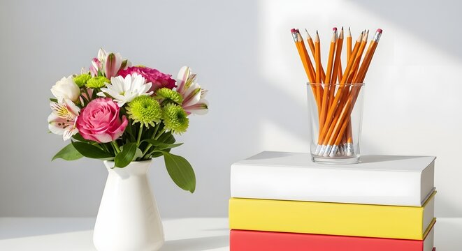 Celebrating teachers' day with colorful flowers and educational supplies