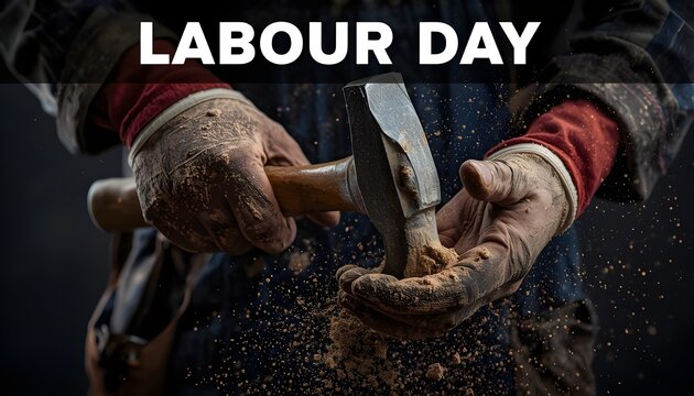A pair of dirty work gloves holding a hammer on Labour Day