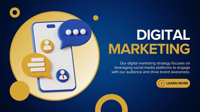 Digital marketing concept with smartphone and social media icons on dark blue gradient background