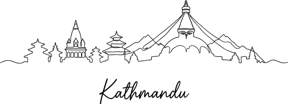 Kathmandu city skyline featuring Boudhanath Stupa landmarks minimalist single line vector illustration