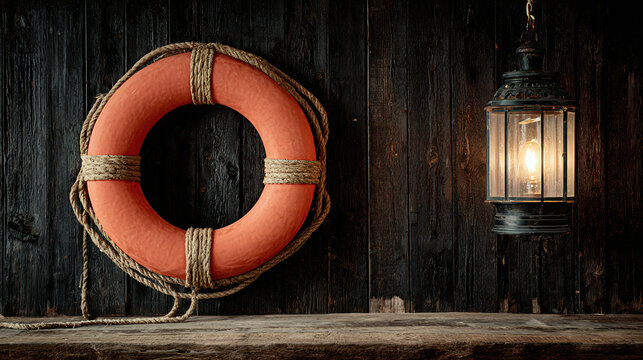 Vintage orange life preserver hangs on dark wood wall next to old lantern. Nautical decor accents include rope details. Wooden floor below. Maritime theme.