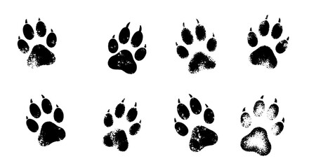 Fototapeta premium Paw prints set with black animal foot marks and textured effects on white background featuring paw prints, animal tracks, foot marks with black paw