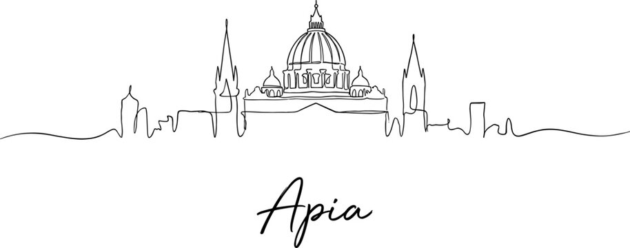 Apia Samoa skyline and cathedral in minimalist continuous line art vector illustration