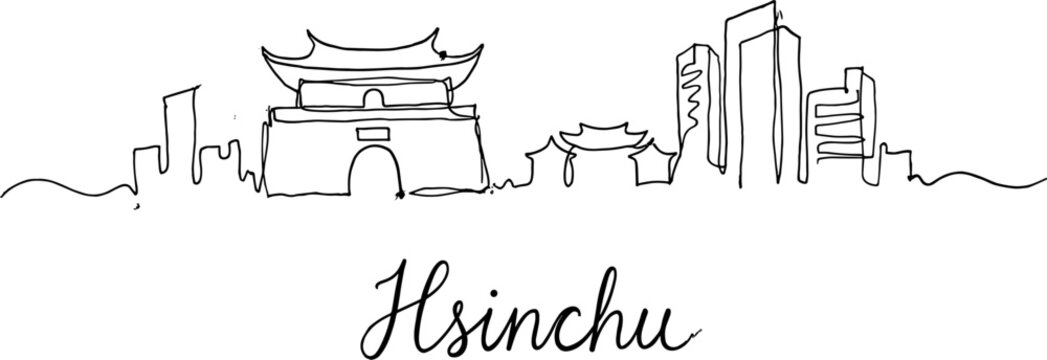 Hsinchu Taiwan city skyline with East Gate continuous line art vector illustration