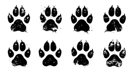 Fototapeta premium Paw prints black grunge set with dirty animal footmarks featuring foot marks, foot print, paws with footprints elements, clean composition on simple