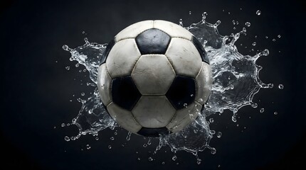 Fototapeta premium Soccer ball with floating water droplets creating dynamic fresh football background.