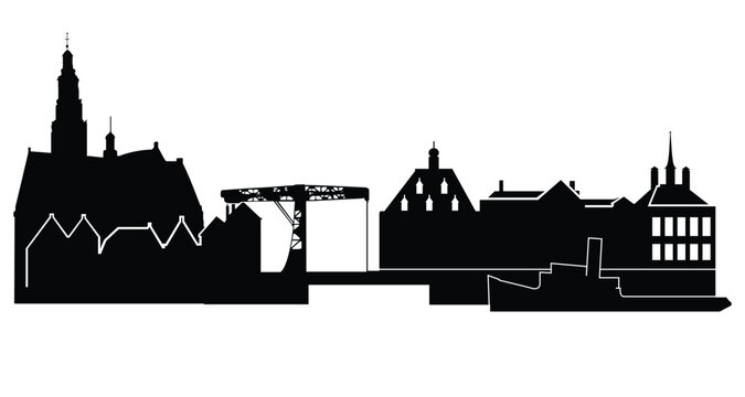 Minimalist Urban City Skyline Silhouette with Historic Buildings and Industrial Harbor Crane