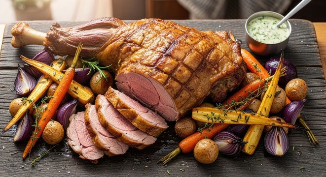 A beautifully roasted leg of lamb is presented on a rustic wooden board.