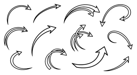 Fototapeta premium Arrows hand drawn set with black curved lines and pointed tips moving in different directions. featuring vector, illustration, graphic with resource