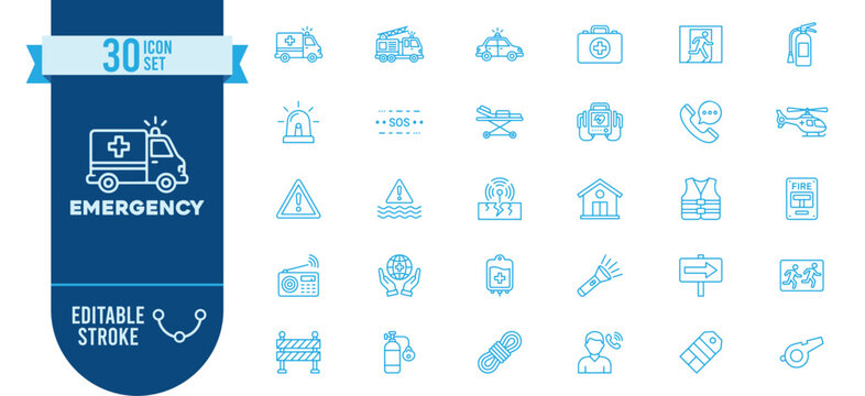 Emergency icon set. Contains icons related to ambulance, fire truck, police, first aid, SOS, flood, rescue, helicopter, siren, warning, fire extinguisher, evacuation and more. Editable stroke.