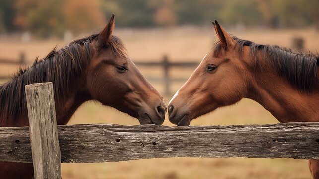 Two horses touching noses over wooden fence brown horses noses touching