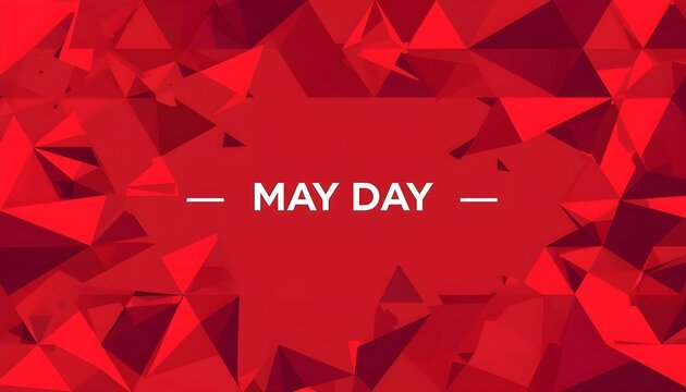 A vibrant red geometric pattern background with the words May Day in the center
