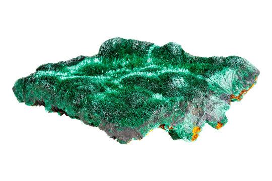 Natural malachite stone with distinctive green copper ore patterns displaying geological mineral structure and raw crystalline matrix formation on isolated backdrop