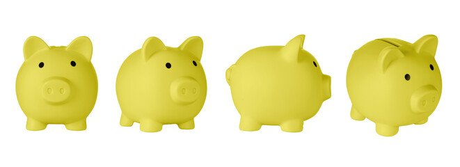 Set Piggy bank pig Yellow color on isolated white background close up