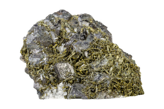 High-quality studio shot of raw green Epidote crystals on rock. Detailed macro photography of the prismatic structure and pistachio color, perfect for mineralogy and geology education.