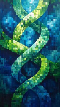Digitized depiction of a double helix, showcasing shades of green and blue pixelation