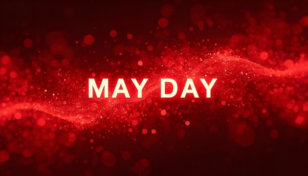 A vibrant red background with the words May Day in bold white letters surrounded by sparkling particles