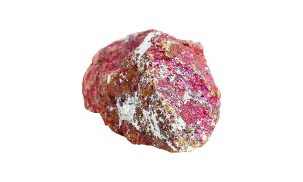A metallic chalcopyrite rock with iridescent surface on a white isolated background, displaying colorful pink and gold reflections. Perfect for geology studies or decorative purposes.