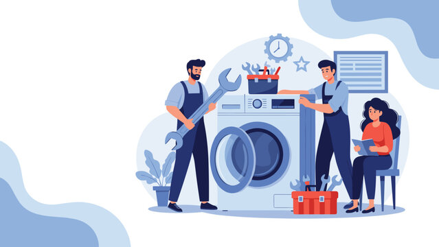 Team of professional technicians in blue overalls repairing a washing machine for a concerned female customer at home with their tools.