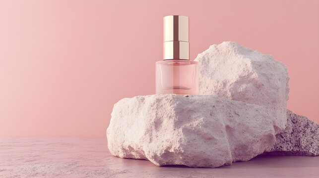 Glass perfume bottle with gold cap on rocks pink background
