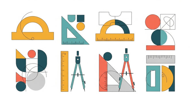 Geometric Tools and Shapes - A Colorful Mathematical Composition.