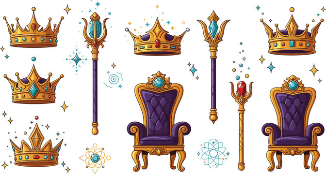 Collection of royal throne and crown vector illustrations featuring ornate chairs scepters and luxury king queen symbols