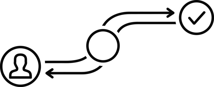 A simple workflow or process diagram with a user icon an intermediate step and a verified checkmark