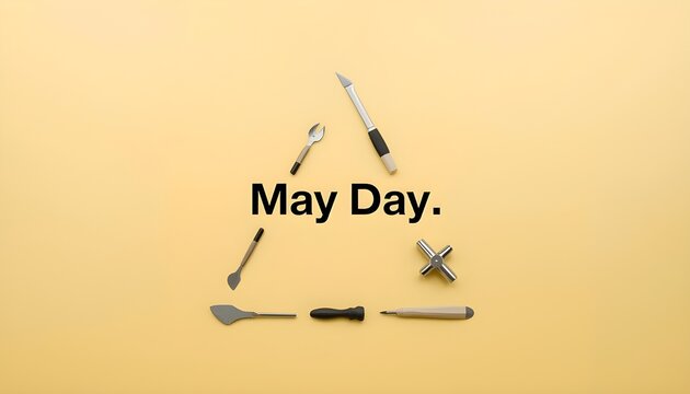 A creative arrangement of tools forming a triangle with the words May Day in the center on a yellow background