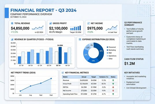 Financial Report Dashboard Presentation Slide Template With Blue Charts And Graphs