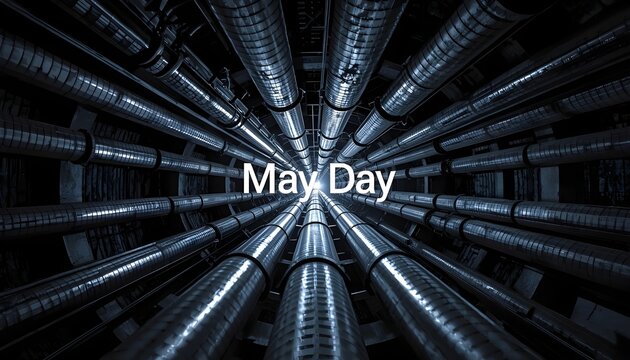 A dramatic view of industrial pipes in a dark setting with the words May Day in the center