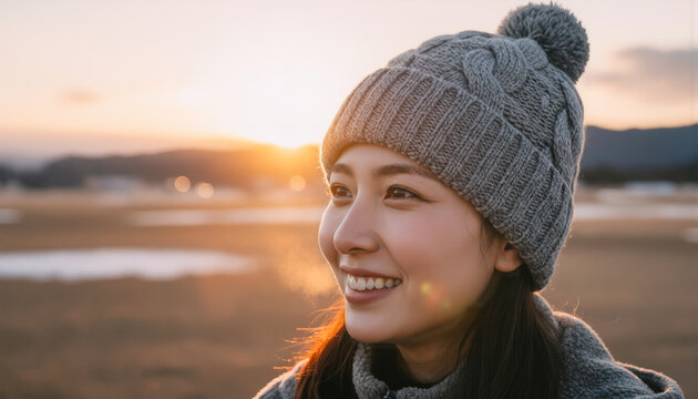 冬のキャンプ場：キャンプやトレッキングを楽しむ女性