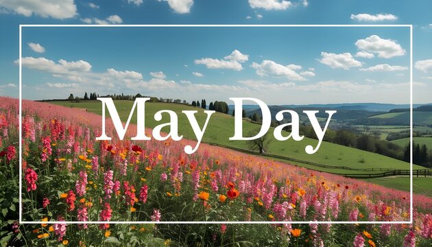 A vibrant field of colorful flowers on a sunny May Day with a blue sky and white clouds