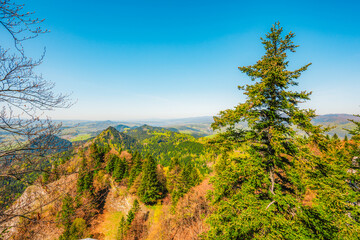 Hiking to peak Tri Koruny or Trzy Korony during day. Pieniny National park in Poland. View from the lookout at the top © Zedspider