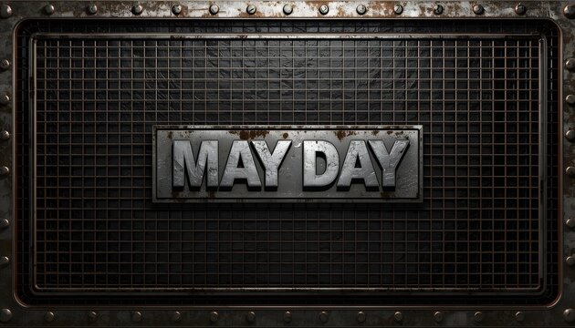 A distressed metal sign with the words May Day on a dark industrial background